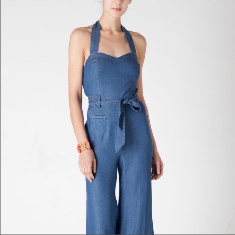 Anthropologie Elevenses Sharlene denim jumpsuit blue halter neck Size 4